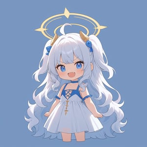 masterpiece, made by a master, 4k, perfect anatomy, perfect details, best quality, high quality, lots of detail.
1girl, angel, (white hair), long curly hair, (two side up), blue eyes,  (curly hair:1.2), (wavy hair), (hair curls), (bangs), (two side up), two (blue) hair ties on head, (Double golden halo on her head), choker, (angel wings), ahoge, White dress with blue trim, single, looking at camera, smiling, fang, happy, slightly angry, chibi, Emote Chibi.
simple background, Line,cute comic,simple background, flat color,CHIBI,lineart