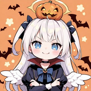 1girl, angel, white hair, long curly hair, (two side up), blue eyes, two blue bows on head, (Double golden halo on her head), choker, angel wings on back, ahoge, , (vampire style dress), (Arms Crossed), bats, cobweb, pumpkin lantern, moon, blush, (simple halloween background), (eyes highlight), standing, ((upper body)), very beautiful girl, smiling, slightly angry, himecut hairstyle, solo, (chibi), (Focus on face),((Chibi character))