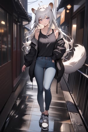 1girl, stoat girl, solo,  ((white hair)), very long hair, blue eyes, (straight hair), (bangs), animal ears, (stoat ears:1.2),
 Choker, ahoge, yaeba, (big white stoat Tail:1.2), (blue X hairpin), very beautiful girl, casual outfit (blouse, jeans, sneakers), Kyoto, watercolor splashes, masterpiece quality, stunning image, masterpiece, 8K, stunning image, light particles, attractive image, reflections, watercolor \(medium\)