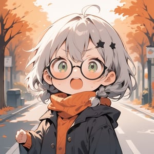 1girl, (gray hair), green eyes, medium hair, (double braid), ahoge, (black round frame glasses:1.2), (black star hairpin), (autumn clothing), (Dark coat), Sleeveless top, Short skirt, Off-shoulder, (happy), Emotionally excited, (On the streets in autumn), (eyes highlight), standing, ((upper body)), very beautiful girl, eyes wide open, Open mouth wide, sweat, slightly angry, himecut hairstyle, solo, (chibi), (Focus on face),((Chibi character))