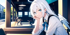 vibrant colors, female, masterpiece, sharp focus, best quality, depth of field, cinematic lighting, ((solo, one woman )), (illustration, 8k CG, extremely detailed), masterpiece, ultra-detailed,
1angel, (white hair), long curly hair, blue eyes, (two blue ribbons on her hair), (Double golden halo on her head), angel wings, White shirt, black jacket, cute outfit, Sitting in a street cafe, best smile, cute face, perfect light,1girl white hair blue eyes x hair ornament,masterpiece