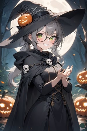 1girl, solo, (gray hair), green eyes, ahoge, (low-pigtail hairs:1.2), (black round frame glasses:1.2), (Witch hat), (Witch cloak), Witch dress, (cute pose), cobweb, (skull), pumpkin lantern, moon, blush, (In the forest at night), (eyes highlight), standing, ((upper body)), very beautiful girl, crazy smiling, slightly angry, himecut hairstyle, masterpiece quality, stunning image, masterpiece, 8K, stunning image, light particles, attractive image, reflections,  \medium\,Beautiful eyes,