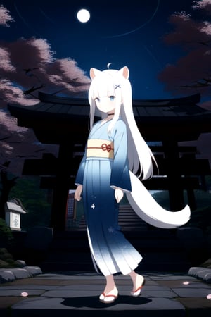 1girl, stoat girl, solo,  ((white hair)), very long hair, blue eyes, (straight hair), (bangs), animal ears, (stoat ears:1.2),
 Choker, ahoge, yaeba, (big white stoat Tail:1.2), (blue X hairpin),solo, long hair, blush, smile, open mouth, bangs, skirt, simple background, wearing intricately detailed black and silver armor stands in the sky, her dress made of stars,  long sleeves, closed mouth, flower, sidelocks, outdoors, japanese clothes, day, full body, kimono, hair bun, from side, tree, sash, obi, floral print, cherry blossoms, blue kimono, shrine, Anime style full long shot,Japanese pattern