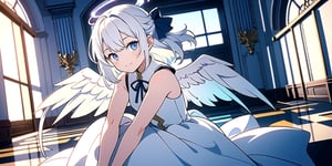 vibrant colors, female, masterpiece, sharp focus, best quality, depth of field, cinematic lighting, ((solo, one woman )), (illustration, 8k CG, extremely detailed), masterpiece, ultra-detailed,
1angel, (white hair), long curly hair, blue eyes, (two blue ribbons on her hair), (Double golden halo on her head), angel wings, dress, cute outfit, Sitting on a seat, eating  bread, best smile, cute face, perfect light,1girl white hair blue eyes x hair ornament