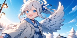 Anime-style illustration depicting a Japanese winter sky scene. A clear winter sky. A young girl,1angel, (white hair), long curly hair, blue eyes, (two blue ribbons on her hair), (Double golden halo on her head), ((angel wings)), ponytail, dress, cute outfit, best smile, running, cute face, wearing a choker and a hooded winter coat. The perspective is from below, focusing on the girl, the street lamp against the clear winter sky.