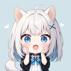 (chibi style), {{{masterpiece}}}, {{{best quality}}}, {{ultra-detailed}}, {beautiful detailed eyes},1girl, solo,  ((white hair)), very long hair, blue eyes, (straight hair), (bangs), animal ears, (stoat ears:1.2), Choker, ahoge, fangs, (big stoat Tail:1.2), (blue X hairpin), (White sleeveless collared dress, (Two-piece dress), (blue chest bow)), (black hooded oversized jacket:1.2), (Off the shoulders), 
(((>.<))), (hands on face), upper body,chibi emote style,chibi,emote, cute,Emote Chibi,comic book,cutechibiprofile