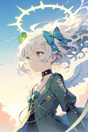 Masterpiece, solo, ultra detailed, anime art style, Saint Patrick day princess walking in a parade, big beautiful eyes and glamorous green makeup, sunset, depth of field, more detail XL, SFW,1girl, angel, white hair, long curly hair, (two side up), blue eyes, two blue bows on head, (Double golden halo on her head), choker, angel wings on back, ahoge,cyberpunk, mechanical girl, cyborg, cable, exposed wires,
masterpiece, best quality, aethetic, closed mouth, green jacket, simple background, smile, solo,aesthetic,