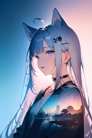 silhouette of astoat girl, solo,  ((white hair)), very long hair, blue eyes, (straight hair), (bangs), animal ears, (stoat ears:1.2), Choker, ahoge, fangs, (big stoat Tail:1.2), (blue X hairpin),Soft colors. Inside the silhouette you can see the double exposure with a sakura flower, masterpiece, ((double exposure)), proportional.,DOUBLE EXPOSURE