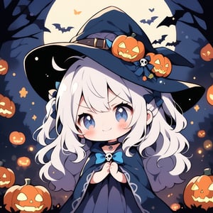 1girl, solo, angel, white hair, long curly hair, (two side up), blue eyes, two blue bows on head, choker, ahoge, (Witch hat), (Witch cloak), Witch dress, (cute pose), cobweb, (skull), pumpkin lantern, moon, blush, (In the forest at night), (eyes highlight), standing, ((upper body)), very beautiful girl, crazy smiling, slightly angry, himecut hairstyle, solo, (chibi), (Focus on face), chibi style,((Chibi character))