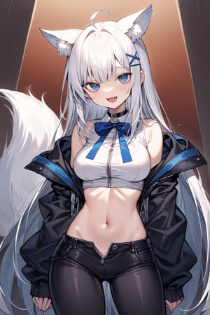 2d,fantastic,masterpiece,best quality,hdr,high resolution,perfect anatomy, extremely detailed, nsfw,1girl, stoat girl, solo, ((white hair)), very long hair, blue eyes, (straight hair), (bangs), animal ears, (stoat ears:1.2), Choker, ahoge, fangs, (big white fox Tail:1.2), (blue X hairpin),  (White collared sleeveless top, (midriff), blue chest bow), (black hooded oversized jacket:1.2), (jacket zipper half unzipped), (black short pants) (Off the shoulders),, smiling, (bags_under_eyes,jitome),clothed,skin fang,open mouth,tongue,smile,