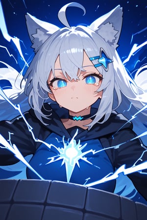 Front view, (score 9, score 8 up, score_7_up, source anime, (masterpiece), best quality, expressive eyes, perfect face, (masterpiece), best quality, expressive eyes, perfect face, at night, 1girl, stoat girl, solo,  ((white hair)), very long hair, blue eyes, (straight hair), (bangs), animal ears, (stoat ears:1.2),
 Choker, ahoge, yaeba, (big white stoat Tail:1.2), (blue X hairpin),, standing, eerily intense, if looks could kill, lightning arcing from her, powerful, on a roof top night time, electricity aura, tears, eyes glowing, taking an action stance, ready to fight