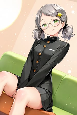 1girl, (gray hair), green eyes, (short hair and cute pigtails:1.2), wavy_hair, (black round frame glasses:1.2), (black star hairpin), (gakuran:1.2), long sleeve uniform, Short skirt, (happy), (indoor), (eyes highlight), very beautiful girl, very cute face, (Medium chest), sway back, half-closed eyes, :), sitting on sofa, cute pose, headtilt, masterpiece quality, masterpiece, 8K, stunning image, light particles, attractive image, reflections, Dutch Angle Shot,Beautiful eyes,