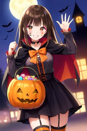 A cute girl, (Halloween makeup on her face), Halloween costume, celebrating Halloween on the street at night, cute face, smiling, moon, anime style