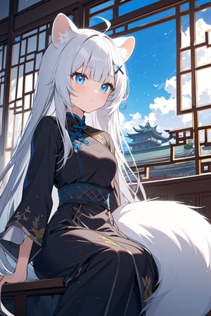 1girl, stoat girl, solo,  ((white hair)), very long hair, blue eyes, (straight hair), (bangs), animal ears, (stoat ears:1.2),
 Choker, ahoge, yaeba, (big white stoat Tail:1.2), (blue X hairpin), solo, long hair, silver hair, long sleeves, dress, sitting, sky, cloud, indoors, black dress, window, chinese clothes, bug, butterfly, light particles, architecture, east asian architecture, lattice