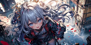 full body,Blood Mist, background_Urban rooftop,1girl, angel, with sliver long curly hair, blue eyes, two blue ribbons on her hair, (Double golden halo on her head), angel wings, despair,blood sakura,((masterpiece)), (((best quality))), ((ultra-detailed)), ((illustration)), ((disheveled hair)),Blood Cherry Blossom,torn clothes,tearing with eyes open,solo,Blood Rain,bandages,Gunpowder smoke,beautiful deatailed shadow, Splashing blood,dust,tyndall effect,portrait