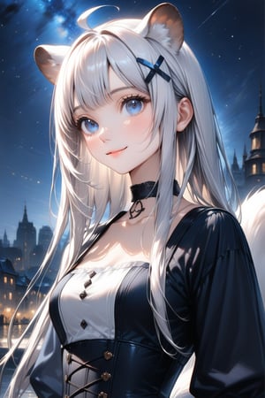 1girl, stoat girl, solo,  ((white hair)), very long hair, blue eyes, (straight hair), (bangs), animal ears, (stoat ears:1.2),
 Choker, ahoge, yaeba, (big white stoat Tail:1.2), (blue X hairpin), masterpiece quality, upper body, looking at viewer, smiling, corset, walking in renacentist city, close up, stunning image, light particles, stunning image, digital art, professional style, ((masterpiece quality: 2)), starry night, close up, attractive image, fine art parody, oil painting style. 