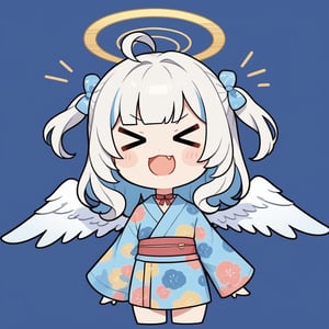 (chibi:1.3), masterpiece, made by a master, 4k, perfect anatomy, perfect details, best quality, high quality, lots of detail.
(solo), 1girl, angel, white hair, long curly hair, (two side up), blue eyes, (curly hair:1.2), (wavy hair), (hair curls), (bangs), (two side up), two blue hair ties on head, (Double golden halo on her head), bowtie choker, angel wings, ahoge, fang, (cute yukata, colorful yukata), smiling, single, (((>_<:1.4))), (upper body) ,Emote Chibi. cute comic,simple background, flat color, Cute girl,dal,Chibi Style,lineart,comic book,