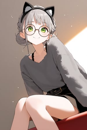 1girl, (gray hair), green eyes, (short hair), (Flat bangs), (hair bun:1.2), (black round frame glasses:1.2), (cat ear headdress), (fleece top:1.2), long sleeve, Short skirt, (happy), (indoor), (eyes highlight), very beautiful girl, very cute face, (Medium chest), proud expression, :), sitting on sofa, cute pose, headtilt, masterpiece quality, masterpiece, 8K, stunning image, light particles, attractive image, reflections, Dutch Angle Shot,Beautiful eyes,