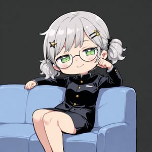 1girl, (gray hair), green eyes, (short hair and cute pigtails:1.2), wavy_hair, (black round frame glasses:1.2), (black star hairpin), (gakuran:1.2), long sleeve uniform, Short skirt, (happy), (indoor), (eyes highlight), very beautiful girl, very cute face, (Medium chest), sway back, half-closed eyes, :), sitting on sofa, cute pose, headtilt, solo, (chibi),((Chibi character)), chibi style