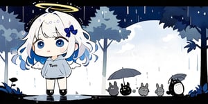  chibi, masterpiece, best quality,digital painting,1girl, angel, white hair, long curly hair, (two side up), blue eyes, two blue bows on head, (Double golden halo on her head), choker, angel wings on back, ahoge, Using huge leaves to block the rain, Wearing grey Hooded T-shirt, long sleeves, is looking up at the kamera with a surprised expression, cute smile. best smile, open mouth, outdoor, night, countryside,
rain, forest, Under the big tree, bus station, standing with (totoro), (big totoro) with umbrella,Blustery, dark background,Flat vector art, Anime, short pants,masterpiece,Chibi anime,doodle,cute comic,Line Chibi yellow