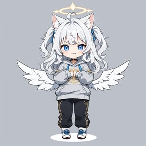 chibi, sd, masterpiece, made by a master, 4k, perfect anatomy, perfect details, best quality, high quality, lots of detail.
(solo),1girl, ((angel)), ((white hair)), long curly hair, (two side up), blue eyes,  (curly hair:1.2), (wavy hair), (hair curls), (bangs), (two side up), two ((blue)) hair ties on head, (Double golden halo on her head), choker, ((angel wings)), ahoge, fang, cat ears, smug smile, slightly angry, (Gray long sleeve hooded top), Black long pants, white socks, single, looking at viewer, mouth wide open, (with arms folded), (full body) ,Emote Chibi. cute comic,simple background, flat color, Cute girl,dal,Chibi Style,lineart,