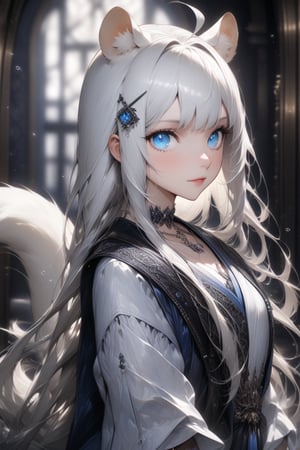 1girl, stoat girl, solo,  ((white hair)), very long hair, blue eyes, (straight hair), (bangs), animal ears, (stoat ears:1.2),
 Choker, ahoge, yaeba, (big white stoat Tail:1.2), (blue X hairpin), Beautiful girl. She is very badass, she wears a very luxurious outfit, pretty detailed, shining skin, detailed skin, dynamic light, wallpaper quality, detailed eyes, shining, blue eyes, blurry background, detailed image, detailed skin, upper body, looking at viewer, stunning image, 8k, proffesional style, luxurious room in background. Water drop, ((masterpiece: 1.2)), light particles, ink droplets in background.,Masterpiece,Stunning image,Professional style