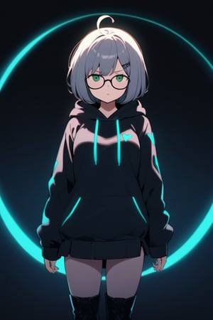 1girl, (gray hair), green eyes, short hair, (Bob Hair, (pony tail:1.2)), ahoge, (black round frame glasses:1.2), (black star hairpin), hooded cloak, Hood Down, long sleeve shirt top,Short skirt, boots, ((White long sleeve hoodie)), mature female, no pupils, straight-on, half-closed eyes, narrowed eyes, pout, blurry background, alp, (((neon theme))), perfect_hands, dark theme, vivid color, masterpiece, best quality, amazing quality, very aesthetic, absurdres, depth of field, score_9, archi-ghelber-style