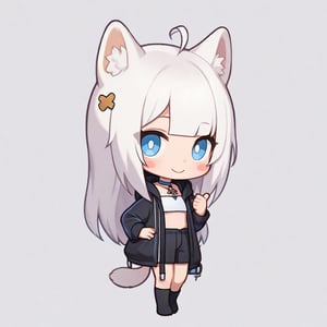 1girl, stoat girl, solo,  ((white hair)), very long hair, blue eyes, (straight hair), (bangs), animal ears, (stoat ears:1.2),
 Choker, ahoge, yaeba, (big white stoat Tail:1.2), (blue X hairpin), solo, long hair, looking at viewer, sticker image, blush, smile, bangs, blue eyes, skirt, simple background, shirt, white background, bow, animal ears, very long hair, closed mouth, standing, tail, full body, no shoes, hand up, chibi, animal ear fluff, hand on hip, (White collared sleeveless top, (midriff), blue chest bow), (black hooded oversized jacket:1.2), (jacket zipper half unzipped), (black short pants) (Off the shoulders),  index finger raised, extra ears, 