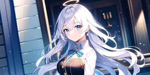 vibrant colors, female, masterpiece, sharp focus, best quality, depth of field, cinematic lighting, ((solo, one woman )), (illustration, 8k CG, extremely detailed), masterpiece, ultra-detailed,
1angel, (white hair), long curly hair, blue eyes, (two blue ribbons on her hair), (Double golden halo on her head), angel wings, White shirt, black coat, cute outfit, Sitting in a street cafe, best smile, cute face, perfect light,1girl white hair blue eyes x hair ornament,masterpiece