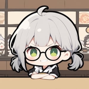 1girl, solo, (gray hair), green eyes, ahoge, (low-pigtail hairs:1.2), (black round frame glasses:1.2), (Arms Crossed), (Japanese Taisho maid costume:1.2), , blush, (In a Japanese cafe), (eyes highlight), standing, ((upper body)), very beautiful girl, crazy smiling, slightly angry, himecut hairstyle, solo, (chibi), (Focus on face), chibi style