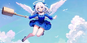  (Best Picture Quality, High Quality, Best Picture Score: 1.3), , Perfect Beauty Score: 1.5, long hair, 1 angel girl, (solo), ((white hair)), (long curly hair), blue eyes, ((two blue ribbons on her hair)), (Double golden halo on her head), (angel wings), (cute outfit), wearing blue one piece dress, (Ride a flying broomstick), fly in the air, country town, (full_body), beautiful, cute, masterpiece, best quality,perfect light,