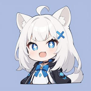 (chibi style), {{{masterpiece}}}, {{{best quality}}}, {{ultra-detailed}}, {beautiful detailed eyes},1girl, solo,  ((white hair)), very long hair, blue eyes, (straight hair), (bangs), animal ears, (stoat ears:1.2), Choker, ahoge, fangs, (big stoat Tail:1.2), (blue X hairpin), (White sleeveless collared dress, (Two-piece dress), (blue chest bow)), (black hooded oversized jacket:1.2), (Off the shoulders), ((angry face:1.2)), angry, upper body,chibi emote style,chibi,emote, cute,Emote Chibi,anime,