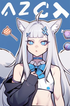 animal ear fluff, animal ears, 1girl, solo,  ((white hair)), very long hair, blue eyes, (straight hair), (bangs), animal ears, (stoat ears:1.2), Choker, ahoge, fangs, (big stoat Tail:1.2), (blue X hairpin), (White sleeveless collared dress, (midriff), blue chest bow), (black hooded oversized jacket:1.2), (jacket zipper half unzipped), (Off the shoulders), candy, food print, highres, holding, multiple girls, multiple tails,,tail,txznmec, m3