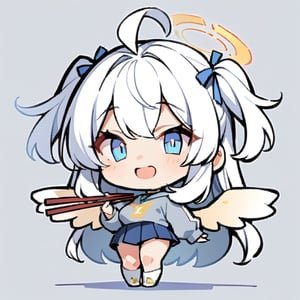 chibi, masterpiece, best quality,1girl, angel, (white hair), long curly hair, (two side up),blue eyes, (two blue ribbons on her hair), ((Double golden halo on her head)), choker, ((angel wings)), ahoge, full body, cute smile, best smile, open mouth, Wearing grey Hooded T-shirt, long sleeves, pleated skirt, (holding a pair of huge chopsticks), ,masterpiece,simple background, ,