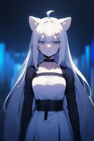  1girl, stoat girl, solo,  ((white hair)), very long hair, blue eyes, (straight hair), (bangs), animal ears, (stoat ears:1.2),
 Choker, ahoge, yaeba, (big white stoat Tail:1.2), (blue X hairpin), mature female, no pupils, straight-on, half-closed eyes, narrowed eyes, pout, blurry background, alp, (((neon theme))), perfect_hands, dark theme, vivid color, masterpiece, best quality, amazing quality, very aesthetic, absurdres, depth of field, score_9, archi-ghelber-style