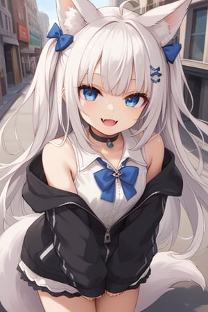 masterpiece, best quality, laplace, 1girl, solo,  ((white hair)), very long hair, blue eyes, (straight hair), (bangs), animal ears, (stoat ears:1.2), Choker, ahoge, fangs, (big stoat Tail:1.2), (blue X hairpin), (White sleeveless collared dress, (midriff), blue chest bow), (black hooded oversized jacket:1.2), (jacket zipper half unzipped), (Off the shoulders), lolita, smile, leaning forward, city street, close-up , from above, look up, anime,light,detail,atmosphere,portraitart,Visual_Illustration,portrait art style,score_9