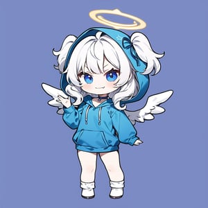 (chibi:1.3), masterpiece, made by a master, 4k, perfect anatomy, perfect details, best quality, high quality, lots of detail.
(solo),1girl, ((angel)), ((white hair)), (long hair:1.3), (two side up), blue eyes,  (curly hair:1.2), (wavy hair), (hair curls), (bangs), (two side up), two ((blue)) hair ties on head, (Double golden halo on her head), choker, ((angel wings)), ahoge, fang, (Blue long sleeve hooded top), ((hood up)), ((put on hood)), Blue pants, white socks, single, slightly angry, (evil smile), (one hand raised), (full body) ,Emote Chibi. cute comic,simple background, flat color, Cute girl,dal,Chibi Style,lineart,