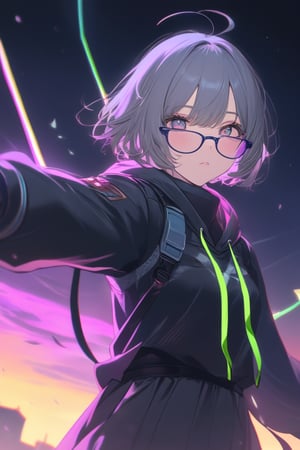 masterpiece, extremely detailed, best quality, 8k, absolutely resolution, super beautiful illustration,
1girl, (gray hair), green eyes, short hair, (Bob Hair), ahoge, (pony tail:1.2), (black round frame glasses:1.2), (black star hairpin), hooded cloak, Hood Down, long sleeve shirt top,Short skirt, boots, ((White long sleeve hoodie)), mature female, no pupils, straight-on, half-closed eyes, narrowed eyes, pout, blurry background, alp, (((neon theme))), perfect_hands, dark theme, vivid color, masterpiece, best quality, amazing quality, very aesthetic, absurdres, depth of field, score_9, archi-ghelber-style