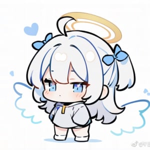  chibi, masterpiece, best quality,1girl, angel, (white hair), long curly hair, (two side up),blue eyes, (two blue ribbons on her hair), ((Double golden halo on her head)), choker, ((angel wings)), ahoge,Wearing grey Hooded T-shirt, long sleeves,pleated skirt,masterpiece,Line Chibi yellow