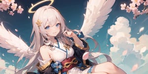  figure, (1girl), (solo), (angel_wings), ((white long curly hair)), blue eyes, two blue ribbons on her hair, (Double golden halo on her head), middle_breast, , cute smile, Japanese military uniform, Japanese military hat, fighting pose, background is cherry blossoms, masterpiece, masterpiece, best quality, better_hands, five fingers,