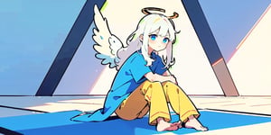  (Best Picture Quality, High Quality, Best Picture Score: 1.3), , Perfect Beauty Score: 1.5, long hair, 1 angel girl, (solo), ((white hair)), (long curly hair), blue eyes, ((two blue ribbons on her hair)), (Double golden halo on her head), (angel wings), (cute outfit), Wearing a T-shirt and pajamas trousers, Sitting on the floor in a room with no lights on, sad expression, beautiful, cute, masterpiece, best quality,isometric