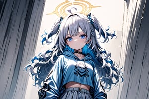 1girl, angel, white hair, long curly hair, ((two side up)), blue eyes,  (curly hair:1.2), (wavy hair), (hair curls)
, (bangs), (two side up), two blue hair ties on head, (Double golden halo on her head), choker, angel wings, ahoge, A trendy girl,neon hoodie,cybernetic illuminations,masterpiece, best quality,  aethetic,Waist-up view,more detail XL