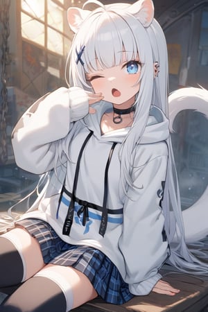 1girl, stoat girl, solo,  ((white hair)), very long hair, blue eyes, (straight hair), (bangs), animal ears, (stoat ears:1.2),
 Choker, ahoge, yaeba, (big white stoat Tail:1.2), (blue X hairpin), solo, looking at viewer, open mouth, bangs, blue eyes, skirt, thighhighs, long sleeves, hair between eyes, sitting, pleated skirt, one eye closed, choker, puffy sleeves, black thighhighs, hood, sleeves past wrists, plaid, hoodie, chain, black choker, plaid skirt, piercing, hood down, puffy long sleeves, ;o, white hoodie, yawning