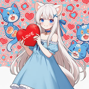 masterpiece, 1girl, stoat girl, solo,  ((white hair)), very long hair, blue eyes, (straight hair), (bangs), animal ears, (stoat ears:1.2),
 Choker, ahoge, fangs, (big stoat Tail:1.2), (blue X hairpin), solo, long hair, blush, bangs, simple background, cute dress, white background, hair between eyes, (((love))), (smiling), (((holding a big heart))), collarbone, ahoge, lips parted, off shoulder, chibi, (((up body))),flat style,