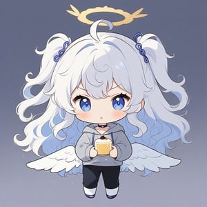 chibi, sd, masterpiece, made by a master, 4k, perfect anatomy, perfect details, best quality, high quality, lots of detail.
(solo),1girl, ((angel)), ((white hair)), long curly hair, (two side up), blue eyes,  (curly hair:1.2), (wavy hair), (hair curls), (bangs), (two side up), two ((blue)) hair ties on head, (Double golden halo on her head), choker, ((angel wings)), ahoge, (((>_<:1.2))), (Gray long sleeve hooded top), Black long pants, white socks, single, looking at viewer, ((holding a pudding:1.2)), (full body) ,Emote Chibi. cute comic,simple background, flat color, Cute girl,dal,Chibi Style,lineart,comic book