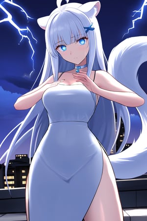 Front view, (score 9, score 8 up, score_7_up, source anime, (masterpiece), best quality, expressive eyes, perfect face, (masterpiece), best quality, expressive eyes, perfect face, at night, 1girl, stoat girl, solo,  ((white hair)), very long hair, blue eyes, (straight hair), (bangs), animal ears, (stoat ears:1.2),
 Choker, ahoge, yaeba, (big white stoat Tail:1.2), (blue X hairpin),, standing, eerily intense, if looks could kill, lightning arcing from her, powerful, on a roof top night time, electricity aura, tears, eyes glowing, taking an action stance, ready to fight