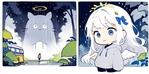  chibi, masterpiece, best quality,digital painting,1girl, angel, white hair, long curly hair, (two side up), blue eyes, two blue bows on head, (Double golden halo on her head), choker, angel wings on back, ahoge, Using huge leaves to block the rain, Wearing grey Hooded T-shirt, long sleeves, is looking up at the kamera with a surprised expression, cute smile. best smile, open mouth, outdoor, night, countryside,
rain, forest, Under the big tree, bus station, standing with (totoro), (big totoro),Blustery, dark background,Flat vector art, Anime, short pants,masterpiece,Chibi anime,doodle,cute comic,Line Chibi yellow