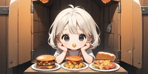 ((cartoon style)), fried Meat Background, anime, cute, simple_background, chibi style,no humans,food focus,booth,BREAK,source_anime,score_4_up,score_5_up,score_6_up,score_7_up,score_8_up,score_9