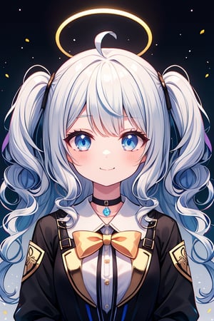 1girl, angel, white hair, long curly hair, (two side up), blue eyes,  (curly hair:1.2), (wavy hair), (hair curls)
, (bangs), (two side up), two blue hair ties on head, (Double golden halo on her head), bowtie choker, angel wings, ahoge, fang,,Glitching, glitch,upper body,smile,,masterpiece, high quality, best quality, highres,light