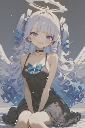 (score_9, score_8_up, score_7_up), 1girl, angel, white hair, long curly hair, (two side up), blue eyes,  (curly hair:1.2), (wavy hair), (hair curls)
, (bangs), (two side up), two blue hair ties on head, (Double golden halo on her head), bowtie choker, angel wings, ahoge, fang, dress, long hair, smile, solo, (medium breasts:2), white hair, black dress, looking at viewer, breasts, bare shoulders, sidelocks, collarbone, blush, sitting, purple eyes, blue eyes, beautiful eyes, (petite:2), blunt bangs, gradient hair,source_anime